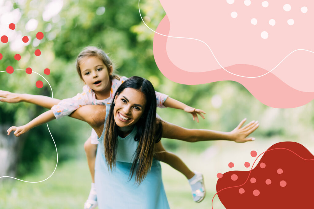 Header image photo shows a mom with her daughter riding on her back; red hearts and red and pink abstract shapes have been added and overlayed with the photograph