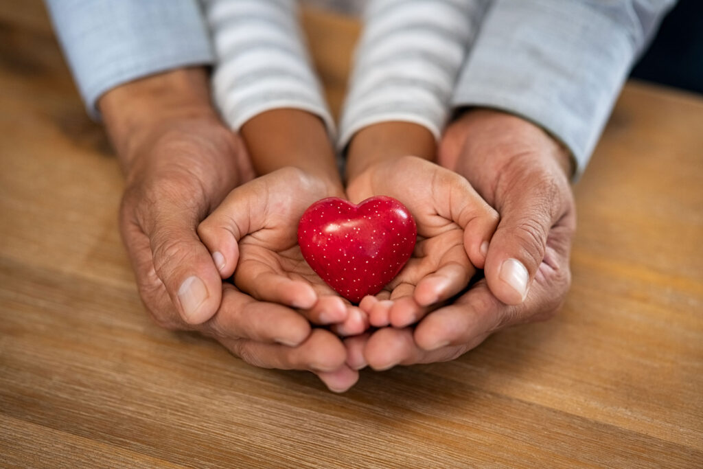 A child's hands rest inside of an adult's hands, holding a red heart